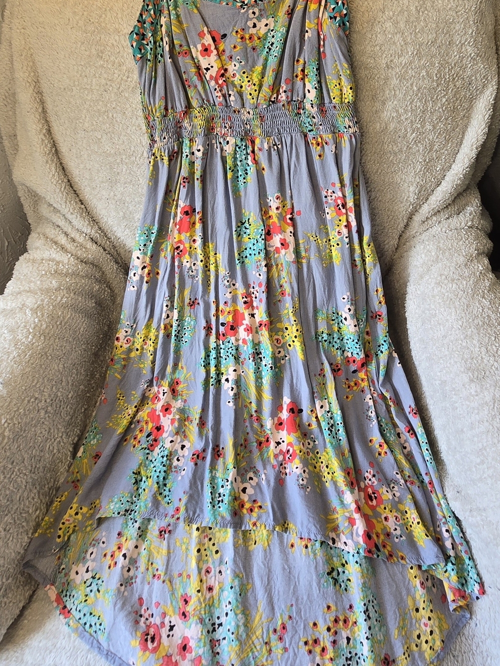 Floral Summer Dress in Grey with Bright Multicolor Blooms